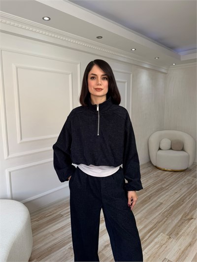 Fermuar Yaka Dokulu Bluz Pantolon Takım - LACİ