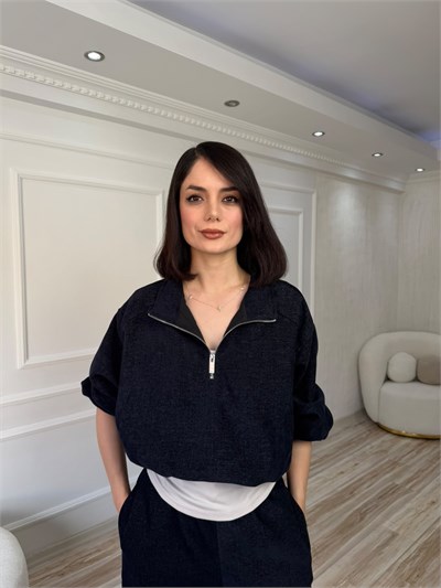 Fermuar Yaka Dokulu Bluz Pantolon Takım - LACİ
