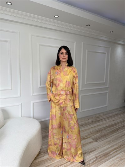 Çiçek Desenli Bol Paça Pantolon - SARI