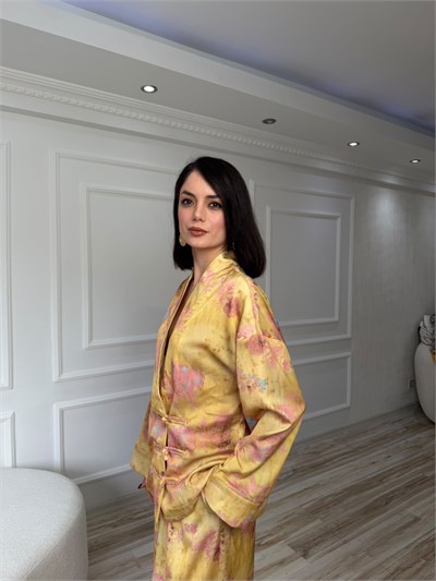 Çiçek Desenli Kruvaze Bluz - SARI