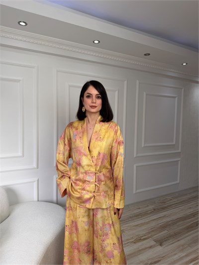 Çiçek Desenli Kruvaze Bluz - SARI