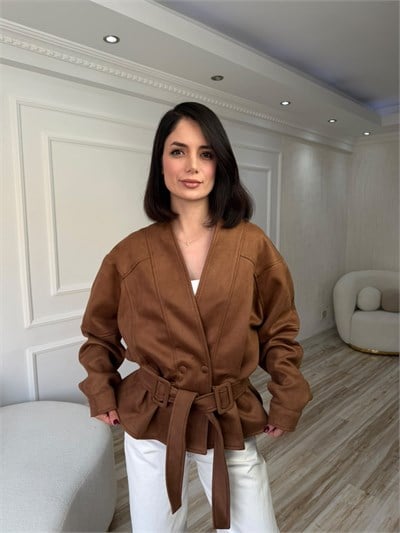 Kuşaklı Kruvaze Süet Ceket - KAHVE