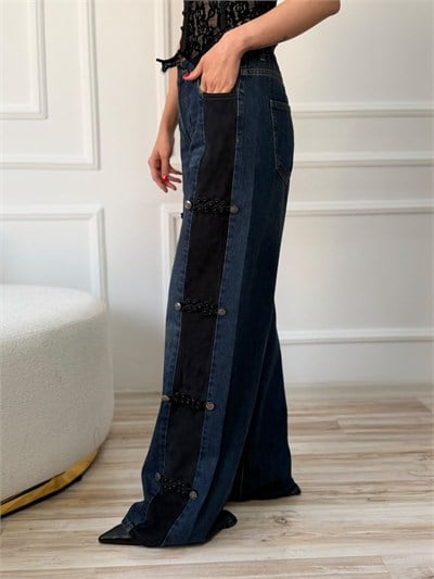 Kontrast Şerit Detaylı Geniş Paça Denim Pantolon - TINT