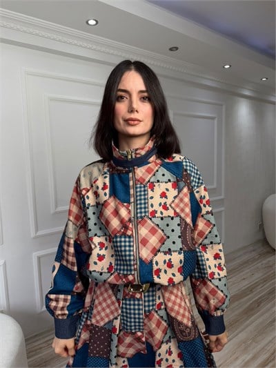 Patchwork Desenli Dik Yaka Bomber Ceket - İNDİGO