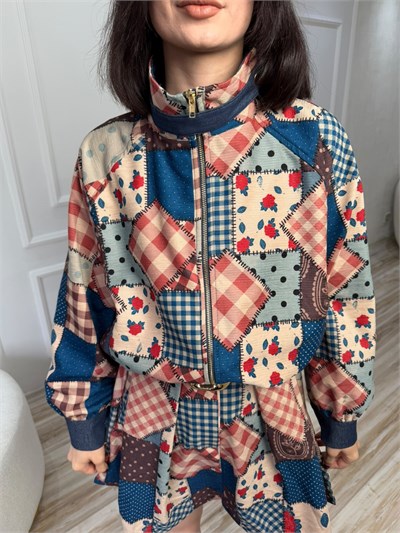 Patchwork Desenli Dik Yaka Bomber Ceket - İNDİGO