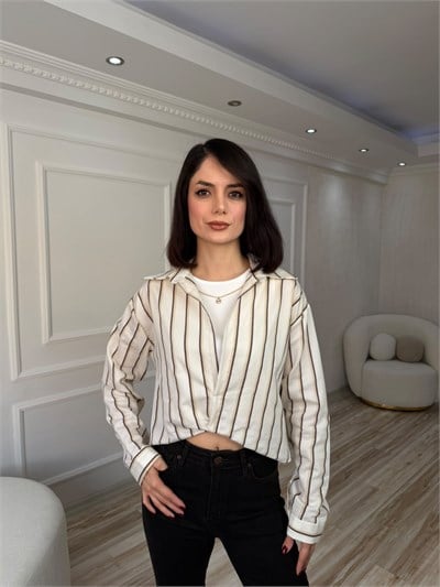 Atlet Detaylı Çizgili Gömlek - KREM