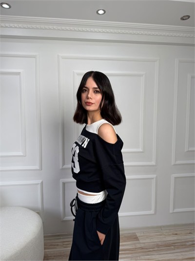 Asimetrik Atlet Detaylı Baskılı Crop Sweat - LACİ