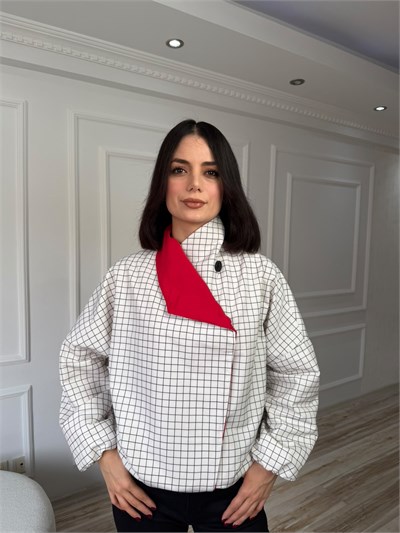 Ekose Desenli Garnili Kısa Trençkot - EKRU