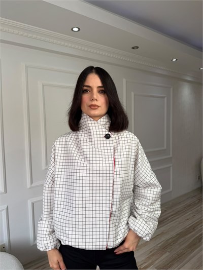 Ekose Desenli Garnili Kısa Trençkot - EKRU