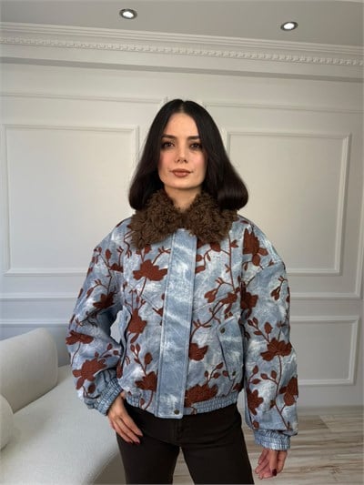 Çiçek Nakışlı Kürk Yaka Denim Ceket - MAVİ
