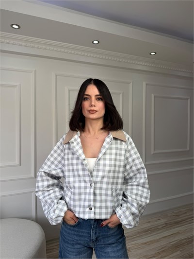 Kontrast Yaka Kare Desenli Ceket - EKRU
