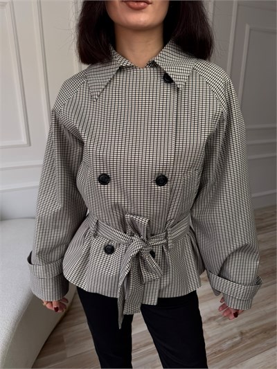 Pötikare Desenli Kuşaklı Kısa Trençkot - EKRU-GRİ