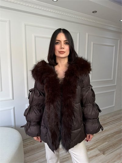 Kürk Yaka Bağlama Detaylı Şişme Mont - KAHVE