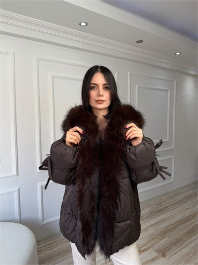Kürk Yaka Bağlama Detaylı Şişme Mont - KAHVE