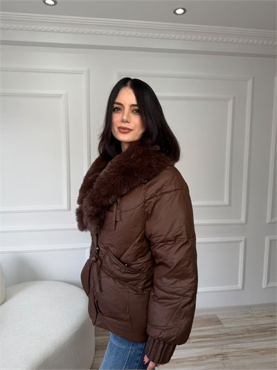 Kürk Yaka Büzgü Bel Şişme Mont - KAHVE