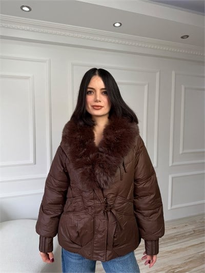 Kürk Yaka Büzgü Bel Şişme Mont - KAHVE