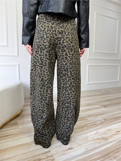 Leopar Desenli Geniş Paça Pantolon - HAKİ