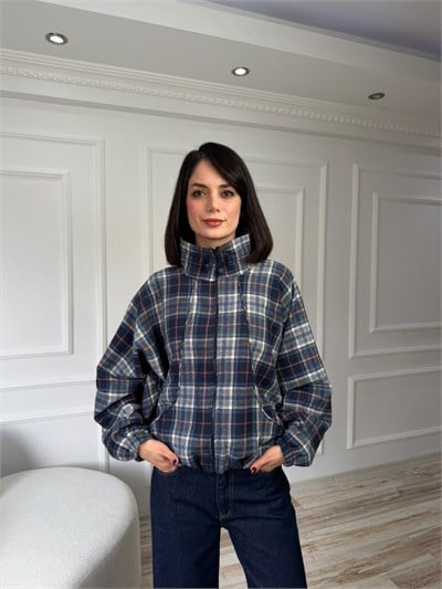 Ekose Desenli Dik Yaka Reglan Ceket - LACİ