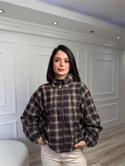 Ekose Desenli Dik Yaka Reglan Ceket - KOYU KAHVE