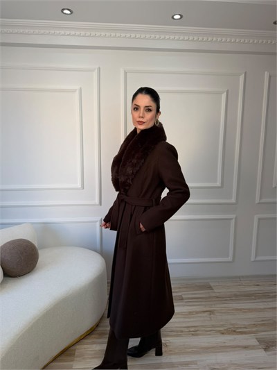 Kürk Şal Yaka Kuşaklı Uzun Kaban - KAHVE