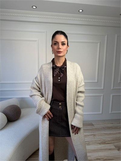 Yan Yırtmaçlı Uzun Triko Hırka - TAŞ