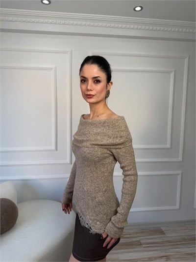 Madonna Yaka Dantel Uçlu Triko Kazak - VİZON
