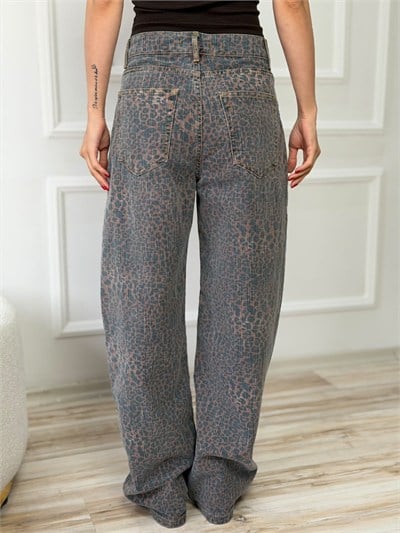 Leopar Desenli Yüksek Bel Geniş Paça Denim Pantolon - KAHVE