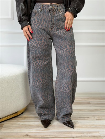 Leopar Desenli Yüksek Bel Geniş Paça Denim Pantolon - KAHVE
