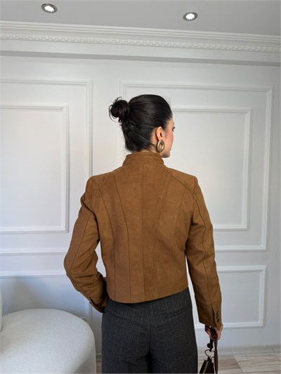 Dik Yaka Cep Detaylı Süet Ceket - TABA