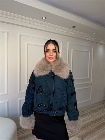 Kürk Yaka Payet İşlemeli Denim Mont - LACİ