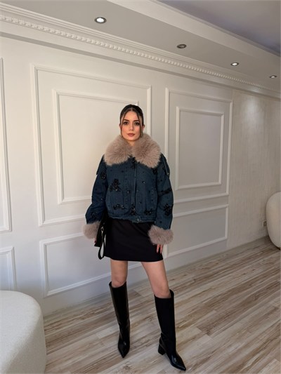 Kürk Yaka Payet İşlemeli Denim Mont - LACİ