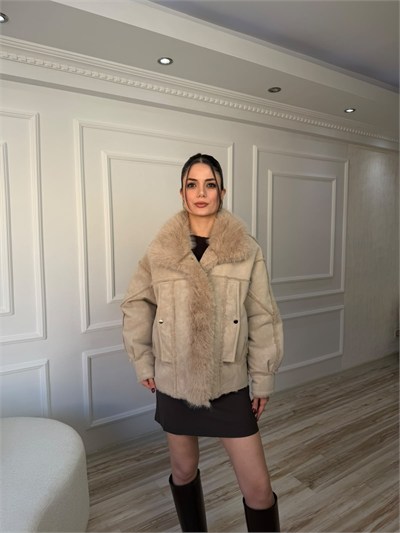 Kürk Detaylı Süet Görünümlü Oversize Mont - TAŞ
