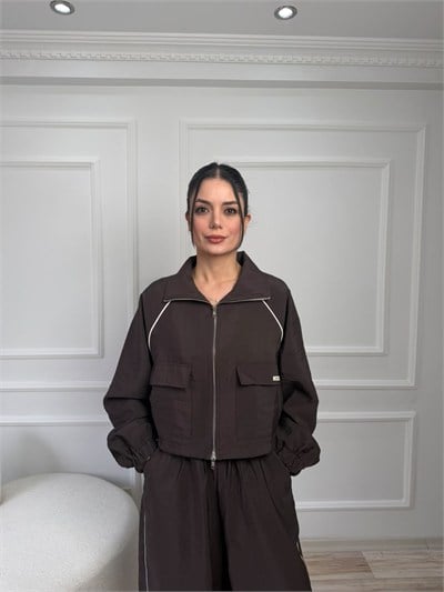 Kontrast Biyeli Fermuarlı Kısa Ceket - KAHVE