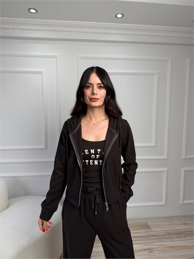 Kapüşonlu Fermuarlı Sweatshirt - KAHVE