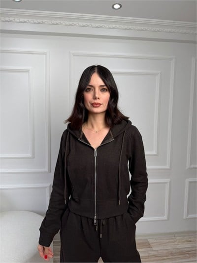 Kapüşonlu Fermuarlı Sweatshirt - KAHVE
