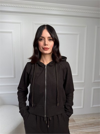 Kapüşonlu Fermuarlı Sweatshirt - KAHVE