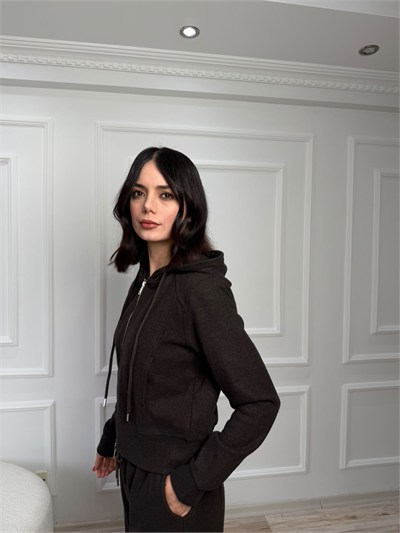 Kapüşonlu Fermuarlı Sweatshirt - KAHVE