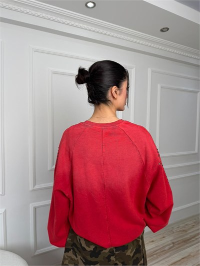 Taş İşlemeli Yıldız Detaylı Oversize Sweatshirt - KIRMIZI