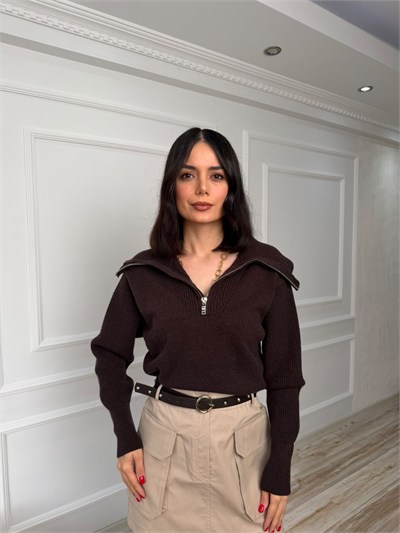 Geniş Yaka Fermuarlı Crop Triko Kazak - KAHVE