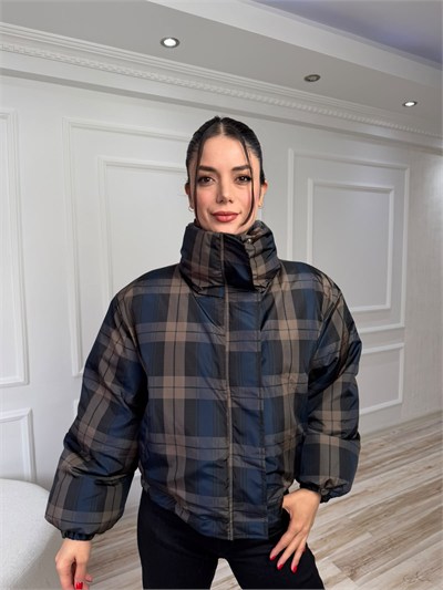 Dik Yaka Ekose Desenli Oversize Şişme Mont - HAKİ