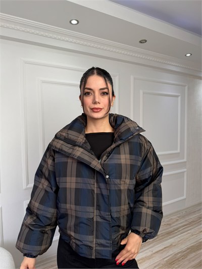 Dik Yaka Ekose Desenli Oversize Şişme Mont - HAKİ