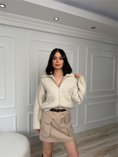 Yün Karışımlı Yakalı Fermuarlı Triko Hırka - KREM