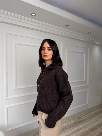 Yün Karışımlı Yakalı Fermuarlı Triko Hırka - KOYU KAHVE