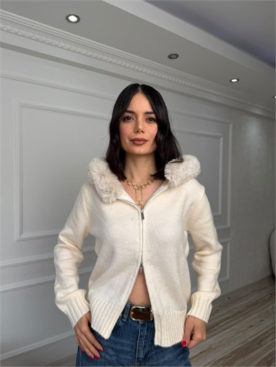 Kürklü Kapüşonlu Çift Yönlü Fermuarlı Triko Hırka - KREM