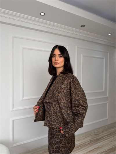 Leopar Desenli Şal Yaka Oversize Ceket - KAHVE