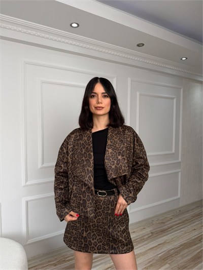 Leopar Desenli Şal Yaka Oversize Ceket - KAHVE
