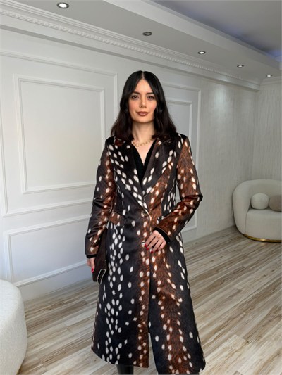 Bambi Desenli Tek Düğmeli Uzun Kaban - KAHVE