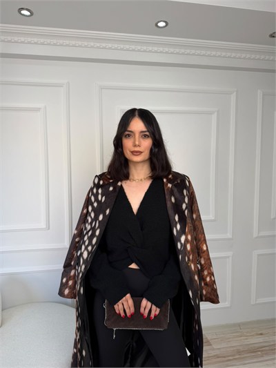 Bambi Desenli Tek Düğmeli Uzun Kaban - KAHVE