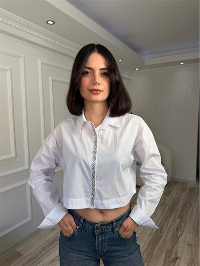 Taş Şerit Detaylı Crop Gömlek - BEYAZ