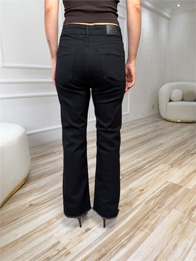 Yüksek Bel Paça Ucu Püsküllü Düz Kesim Pantolon - SİYAH
